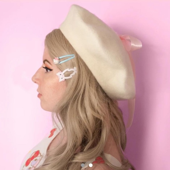 White beret with pink ribbon - Diana Beret - Picture 2 of 2